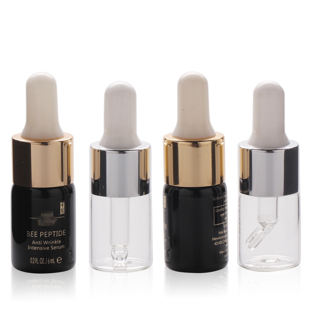 Custom printed 6ml glass dropper bottles showing OEM branding, Silk Screen Printing, and Gold/Silver cap options. Cosmetic packaging example. SKU: SK23-G06-2240.
