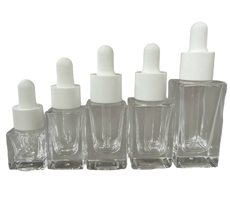 A full range of cubic glass dropper bottles (5ml to 30ml) for skincare line consistency.